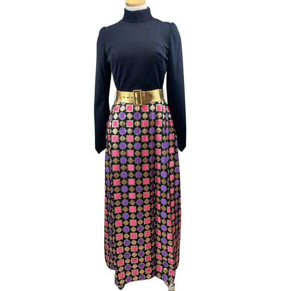 VTG 70s Maxi Turtleneck‎ Hostess Gown Womens (S/M) Metallic Dress Mod Geo Formal - Picture 1 of 10